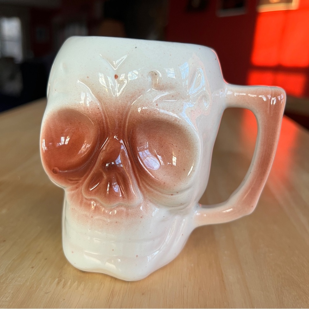 Vintage White And Rust-Colored Skull Shaped Ceramic Mug